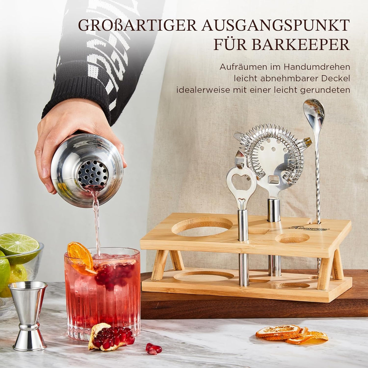 KITESSENSU Cocktail Shaker Set Bartender Kit, 6-Piece Silver Bar Set with Stand, Bar kit with