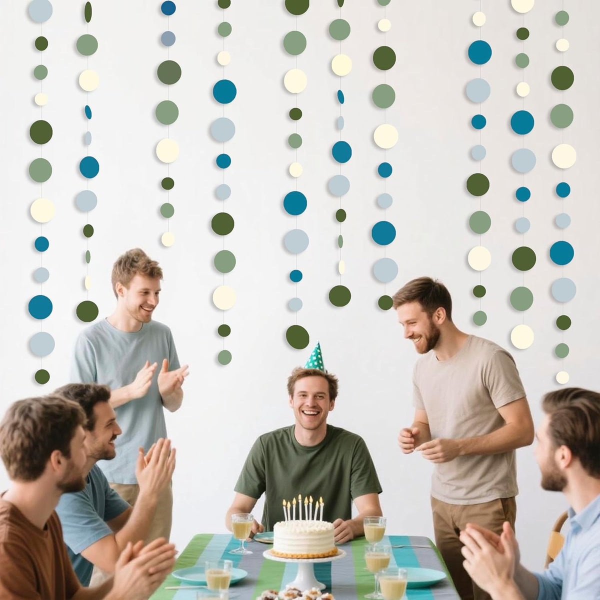 Sage Green and Dusty Blue Party Decorations Polka Dots Garlands Hanging Paper Circle Dots Streamer