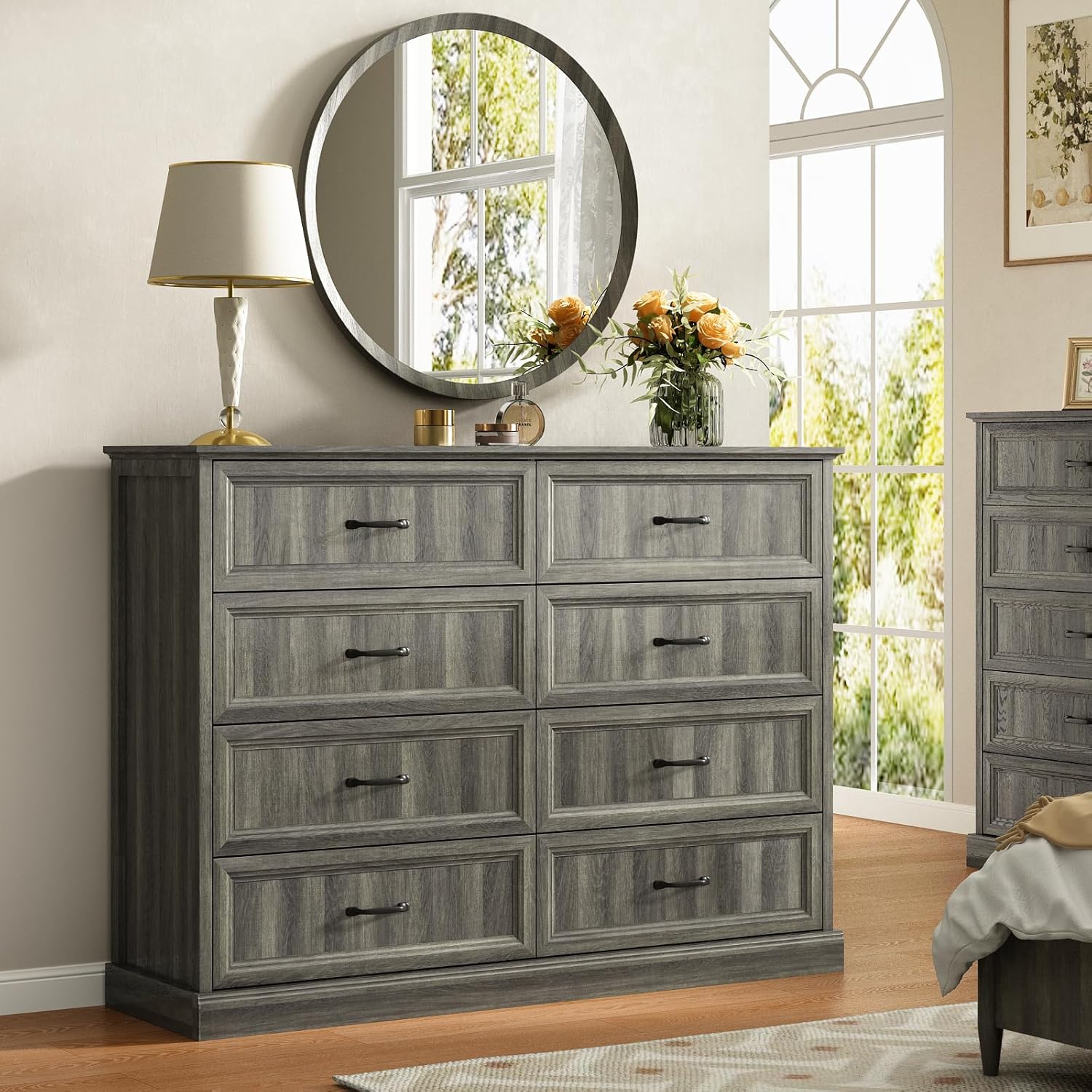 CARPETNAL Farmhouse 8 Drawer Dresser for Bedroom, 55 Inch Wide Modern Grey Dresser TV Stand with