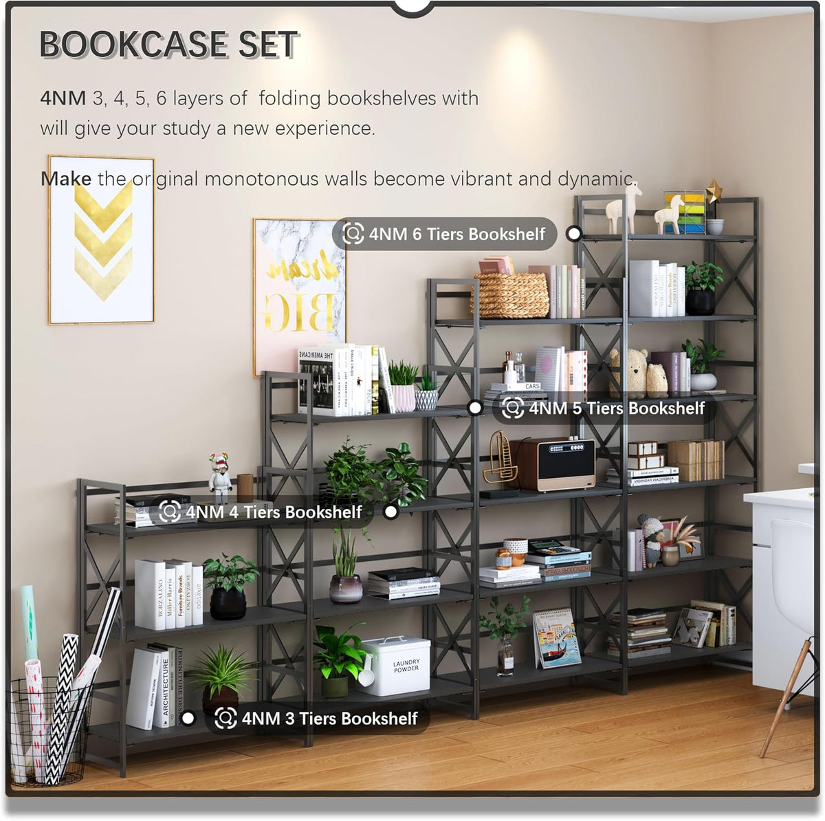 4NM 6 Tiers No Assembly Book Shelves, 61.8" H Folding Bookshelf Bookcase Open Industrial Foldable