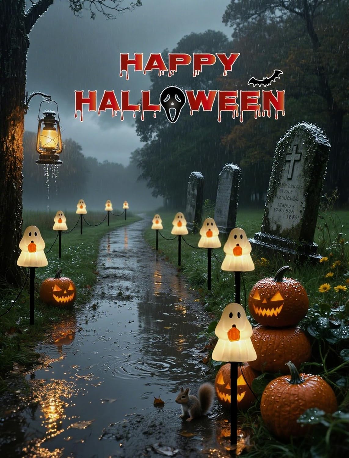 Classic Ghost Halloween Pathway Lights (5-Pack) - Electric Outdoor Decorations with Warm C7 Bulbs