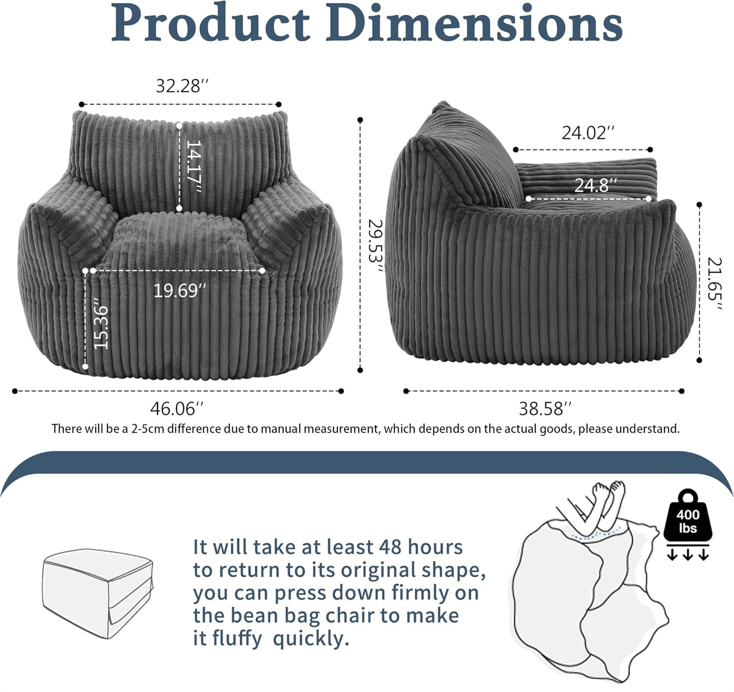 Giant Plush Bean Bag Chair for Adults with Armrests - Oversized Comfy Grey Beanbag Lounge Lazy
