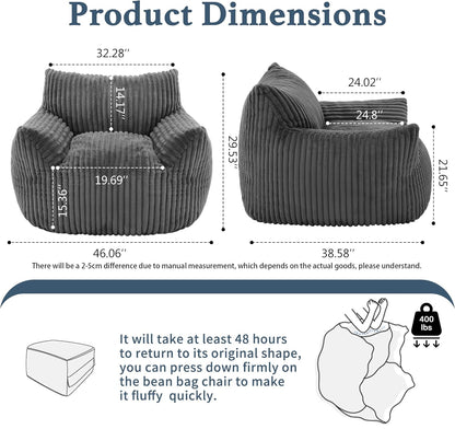 Giant Plush Bean Bag Chair for Adults with Armrests - Oversized Comfy Grey Beanbag Lounge Lazy