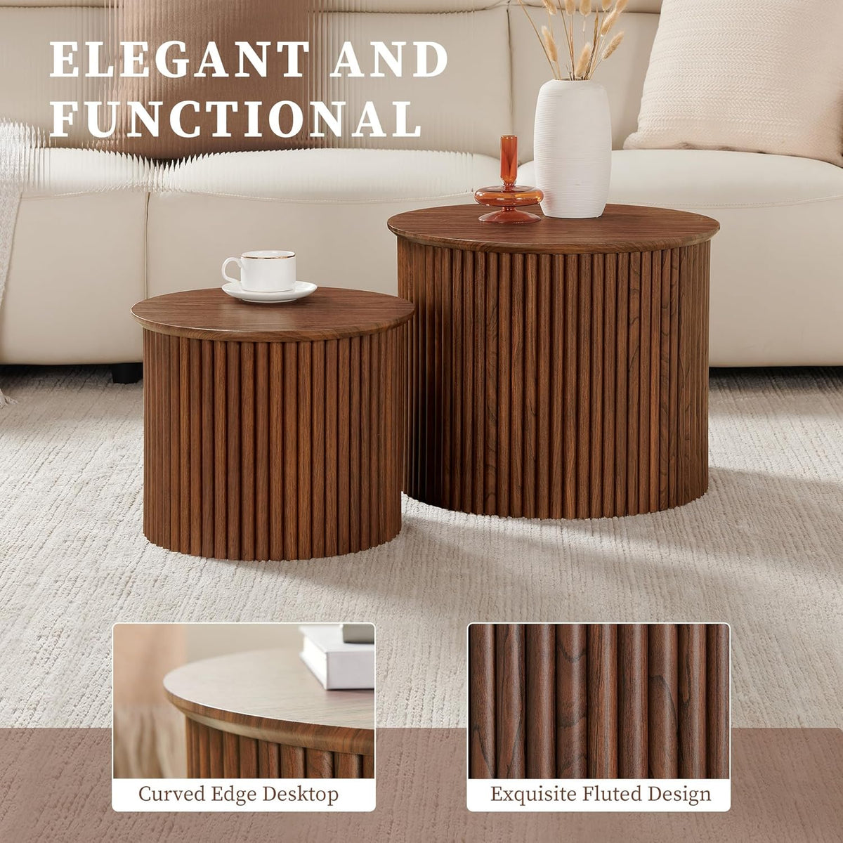 Small Fluted Round Nesting Coffee Table Set of 2, Mid Century Modern Coffee Table Circle Side