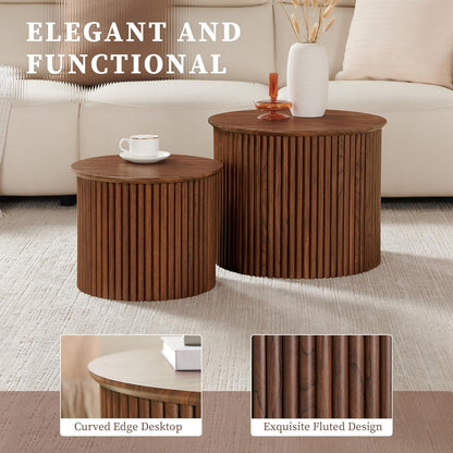 Small Fluted Round Nesting Coffee Table Set of 2, Mid Century Modern Coffee Table Circle Side