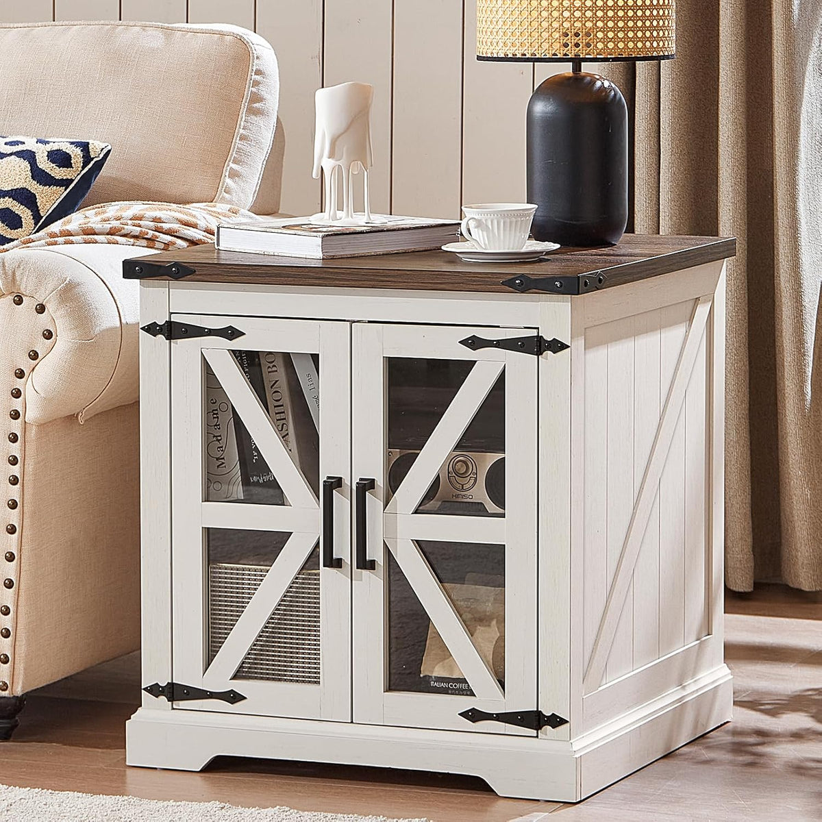 24" End Table with Charging Station, Farmhouse Night Stand with Glass Barn Door, White Nightstands