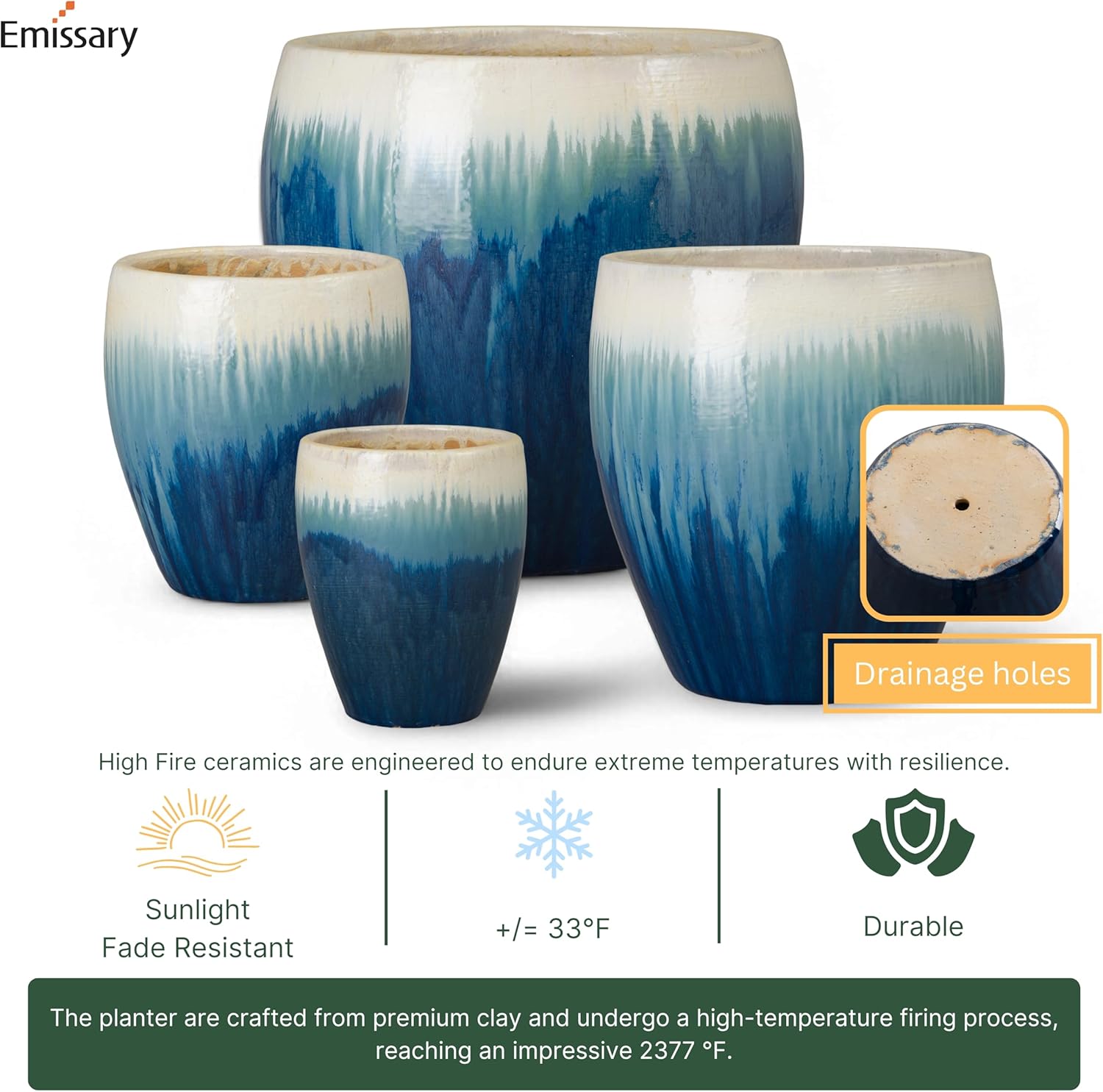 Emissary Home and Garden 13in., 16in., 19in.,23.5in. H Blue Snow Stoneware Round Planters with