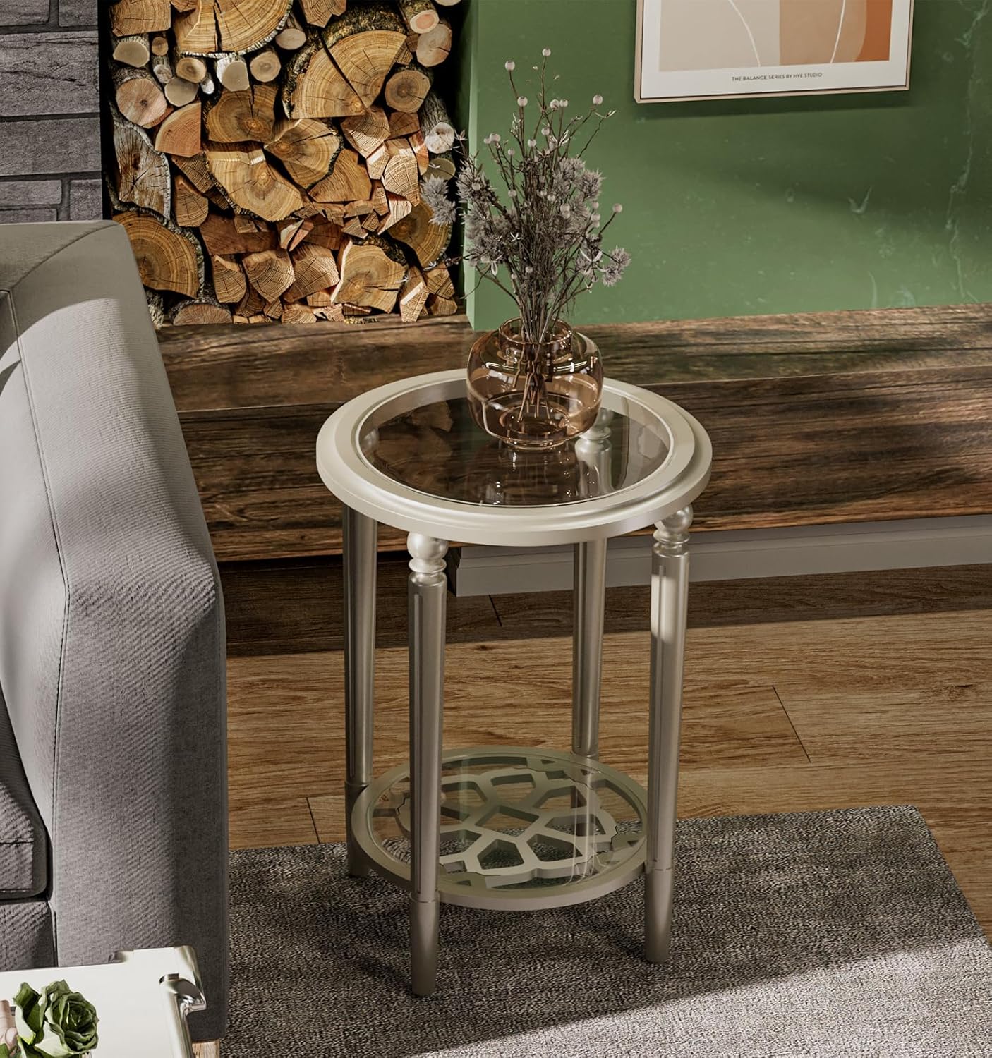 COSIEST Set of 2 Modern Round End Table, 2-Tier Glass Side Table with Glass Tabletop, Wood Accent