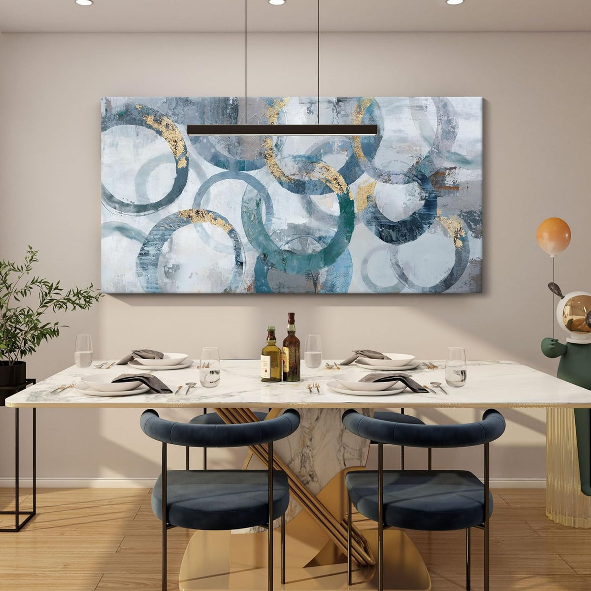 Mofutinpo Blue and Gold Wall Art - Large Modern Abstract Canvas Wall Art, Framed for Bedroom