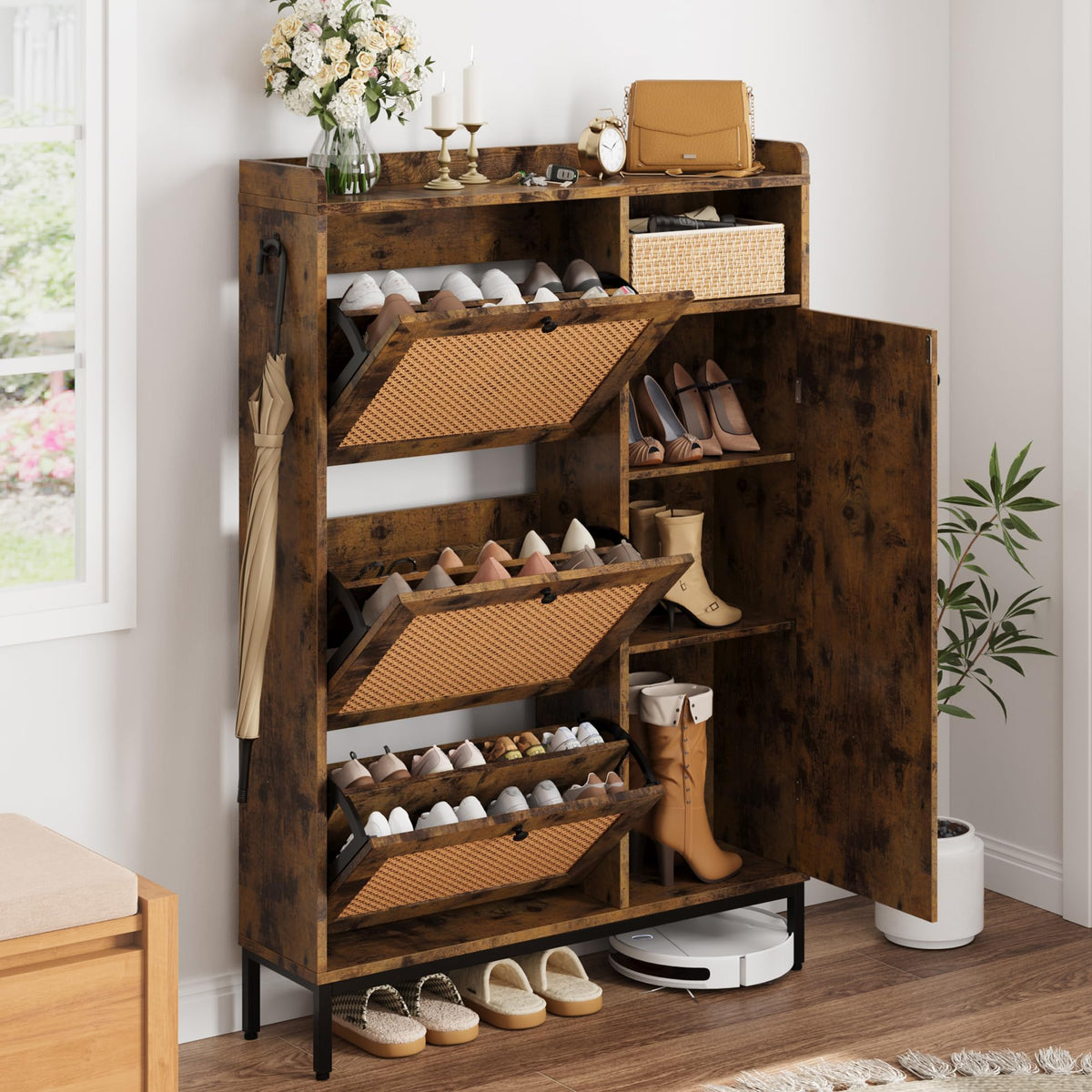 GarveeHome Shoe Cabinet Rattan with 3 Flip Drawers