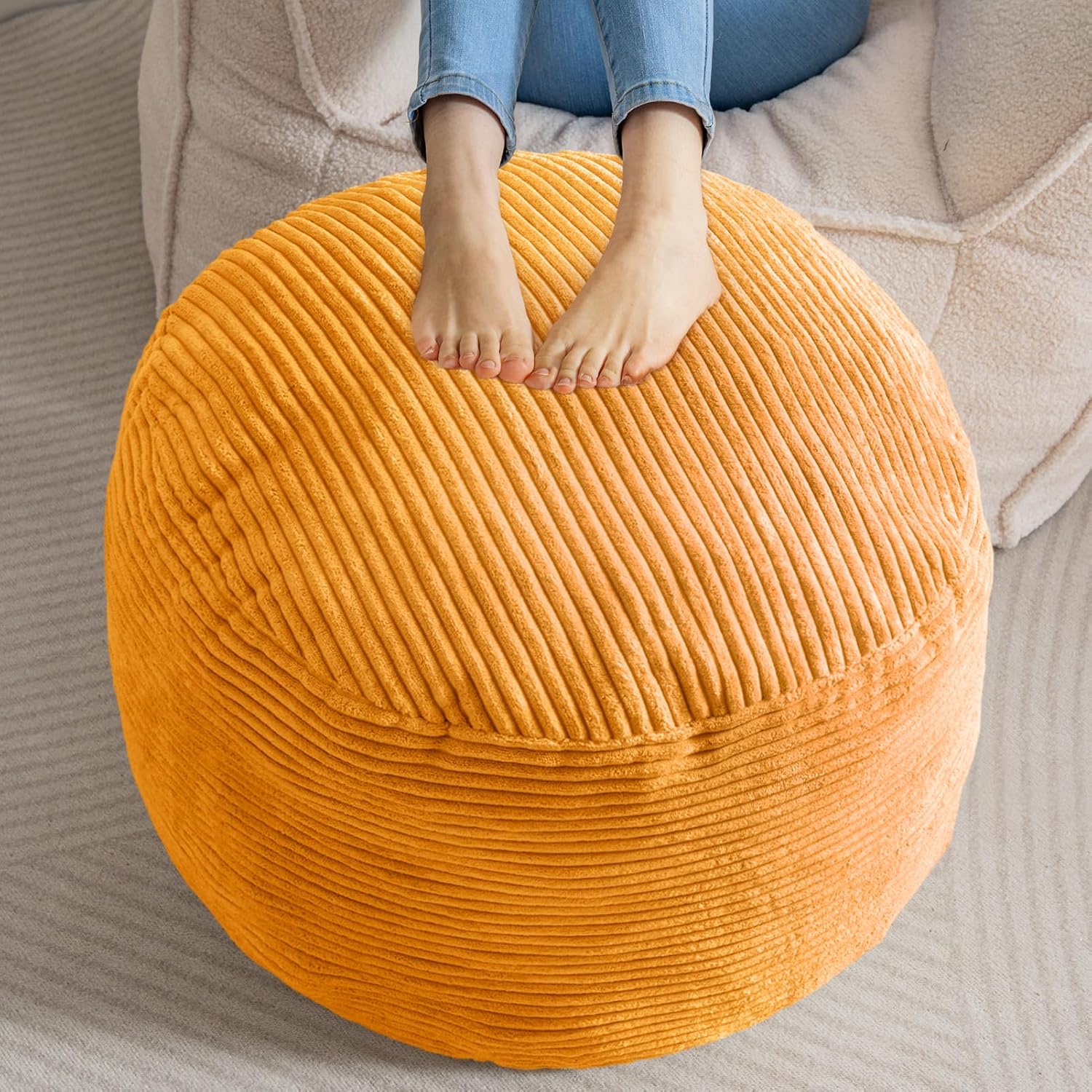 HIGOGOGO Round Stuffed Pouf Ottoman, Corduroy Poufs with Foam Chunk Filling, Furry and Fluffy Pouf