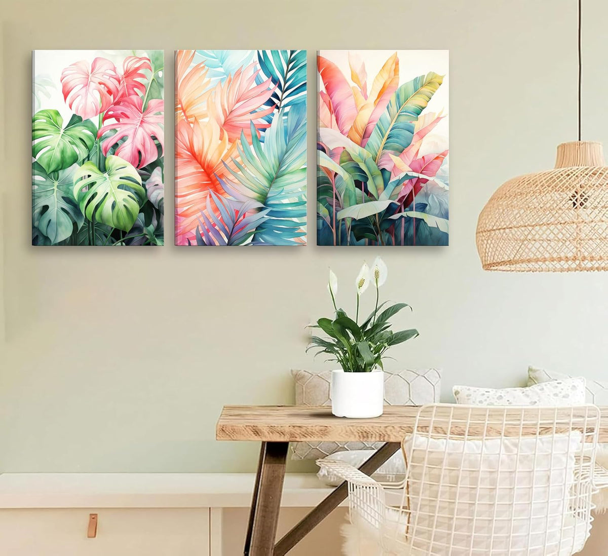 3pcs Framed Tropical Botanical Canvas Wall Art Monstera Leaves Posters Botanical Prints Bohemian