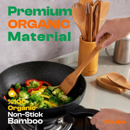 Riveira Dark Bamboo Wooden Spoons for Cooking 6-Piece, Apartment Essentials Wood Spatula Spoon