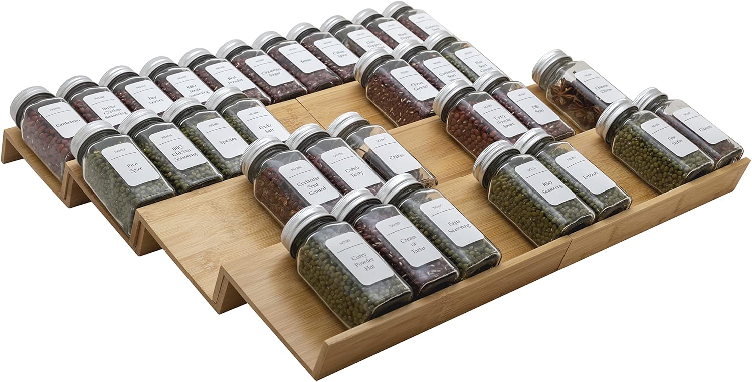 Bamboo Spice Rack Drawer Organizer - 8 Pieces Set- 10" Wide Per Piece - Combine Pieces Into 20"