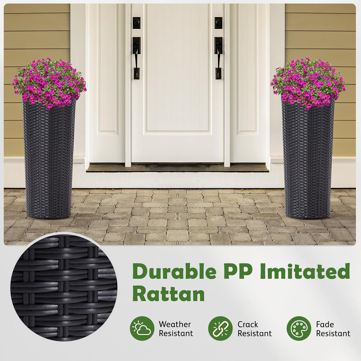 IDZO All Weather Wicker Planters for Outdoor Plants Set of 2, 24 inch Tall Black Planter for Front