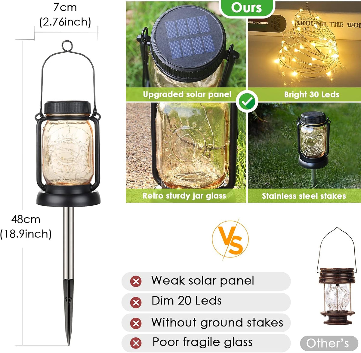Mlambert 4 Pack Solar Hanging Lantern with Stakes, Outdoor Waterproof Solar Mason Jar Fairy String