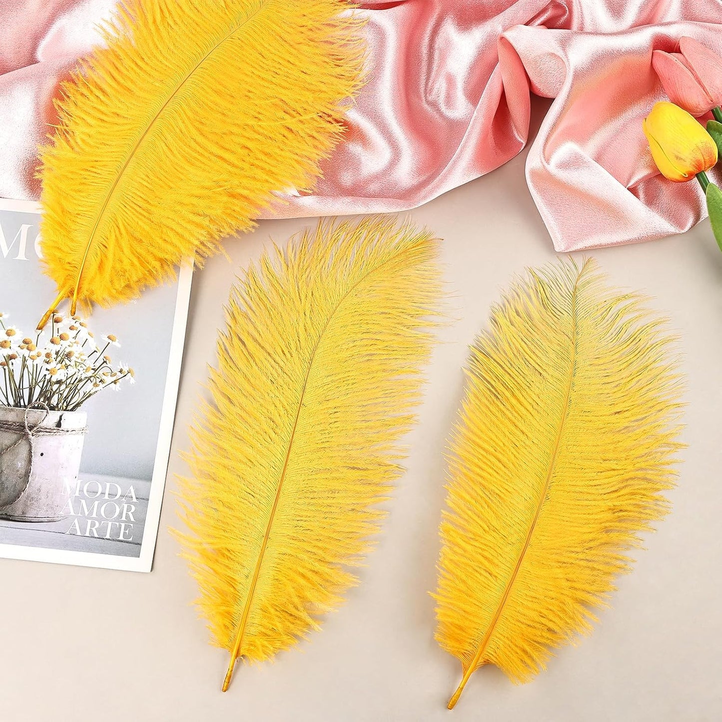 THARAHT Golden Yellow Ostrich Feathers 24pcs Natural Bulk 8-10Inch 20cm-25cm for Crafts Wedding