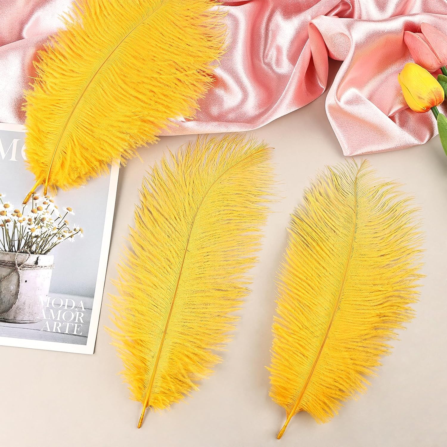 THARAHT Golden Yellow Ostrich Feathers 24pcs Natural Bulk 8-10Inch 20cm-25cm for Crafts Wedding
