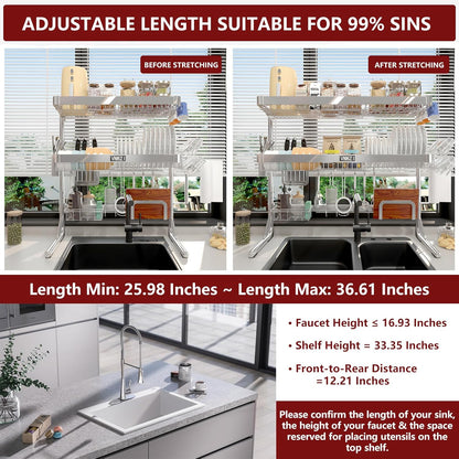 VNKZI Over Sink Dish Drying Rack, 3 Tier Full Stainless Steel Storage Adjustable Length (25.98'' to
