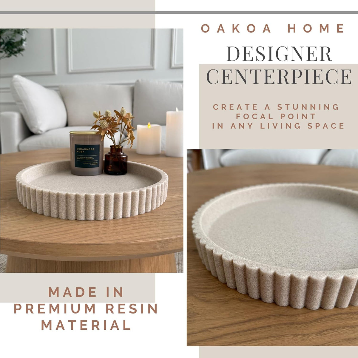 OAKOA Beige Resin Decorative Trays for Decor - Coffee Table Decor Tray Ottoman Tray for Living Room