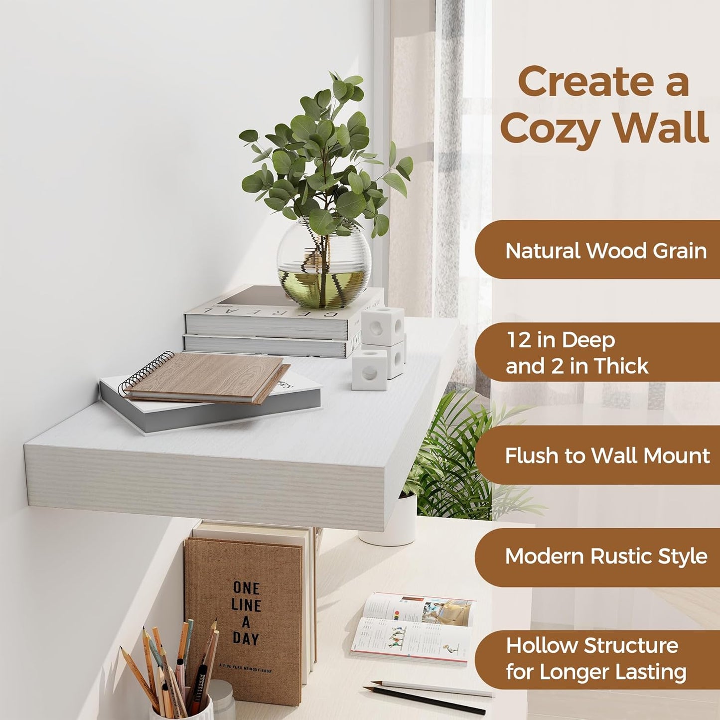 12 Inch Deep White Floating Shelves, 24 x 12 Floating Shelf for Books, Rustic Wood Deep Wall