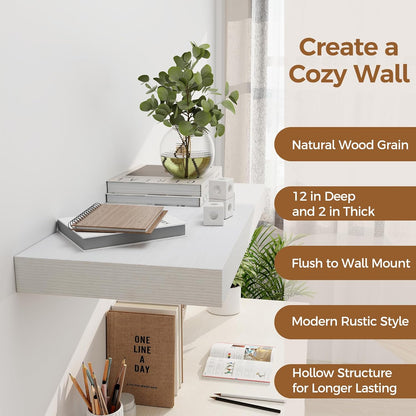 12 Inch Deep White Floating Shelves, 24 x 12 Floating Shelf for Books, Rustic Wood Deep Wall