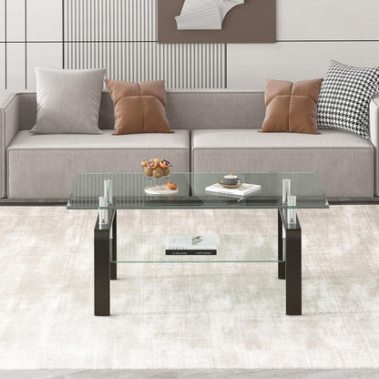 Glass Coffee Table Rectangle Living Room Center Table, with Tempered Glass Tabletop Black Metal