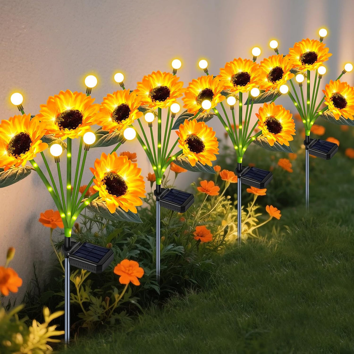 Solar Garden Lights Outdoor - Upgraded 4 Pack Solar Sunflowers Outdoor Waterproof with Firefly