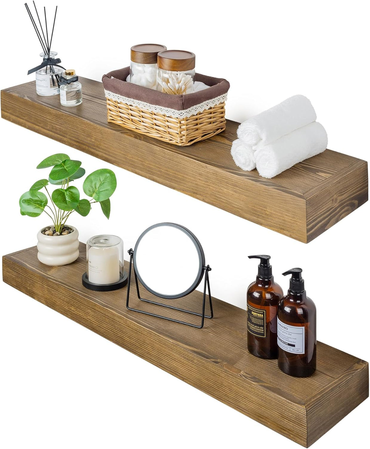Floating Shelves 24 inch for Wall Set of 2,3 inch Thick Pine Wood Wall Mount Shelf for Kitchen