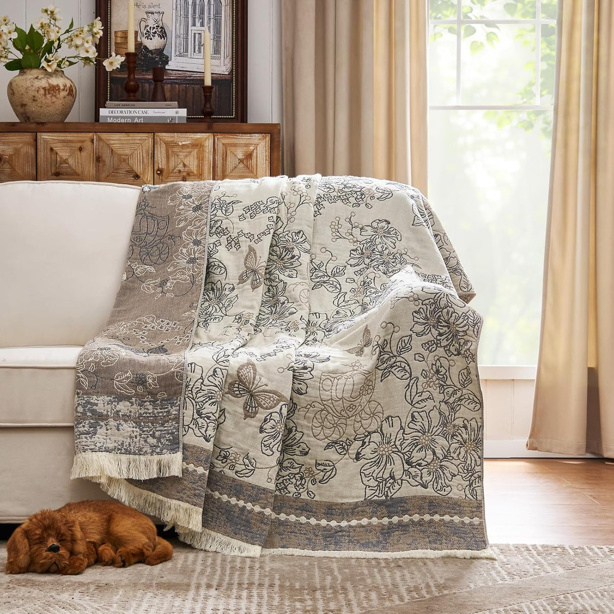 jinchan Boho Floral 100% Cotton Blanket 4-Layer Throw Blanket with Tassel Grey and White Flower