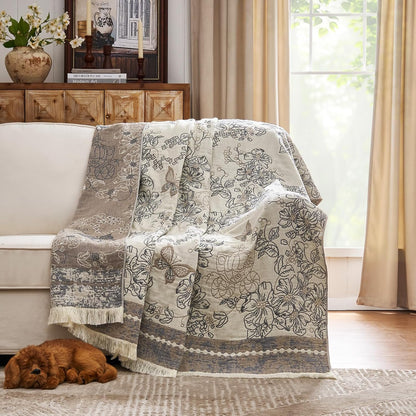 jinchan Boho Floral 100% Cotton Blanket 4-Layer Throw Blanket with Tassel Grey and White Flower