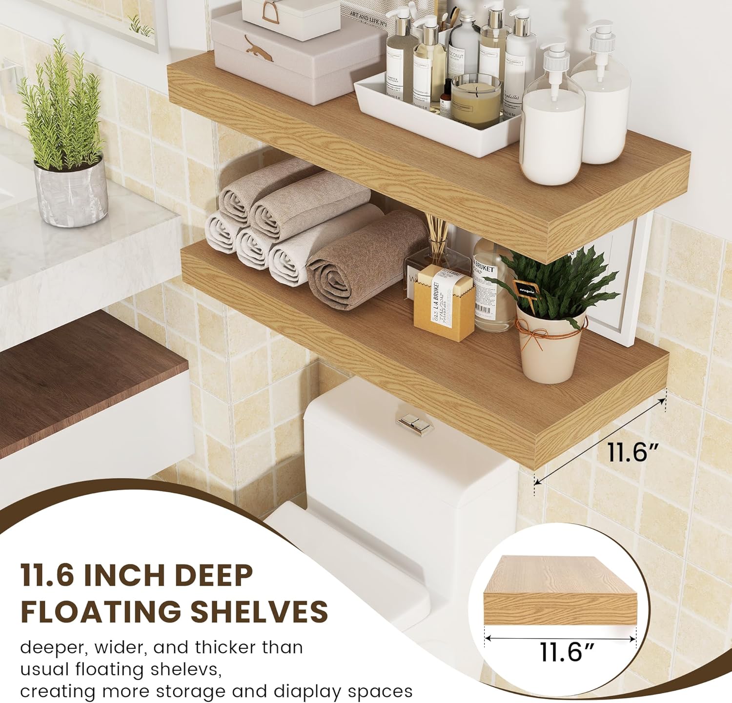 12 Inch Deep Floating Shelves | 30W x 12D Rustic Floating Shelves for Wall Set of 2 | Oak Shelves