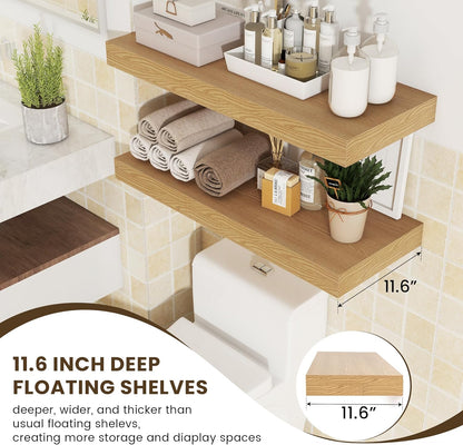 12 Inch Deep Floating Shelves | 30W x 12D Rustic Floating Shelves for Wall Set of 2 | Oak Shelves