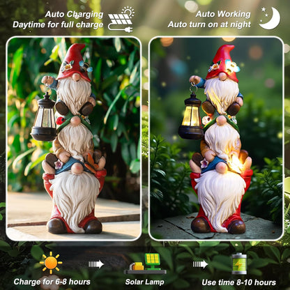 Garden Gnome Statue with Solar Lights Garden Sculptures Funny Triple Gnome Outdoor Patio Lawn Yard