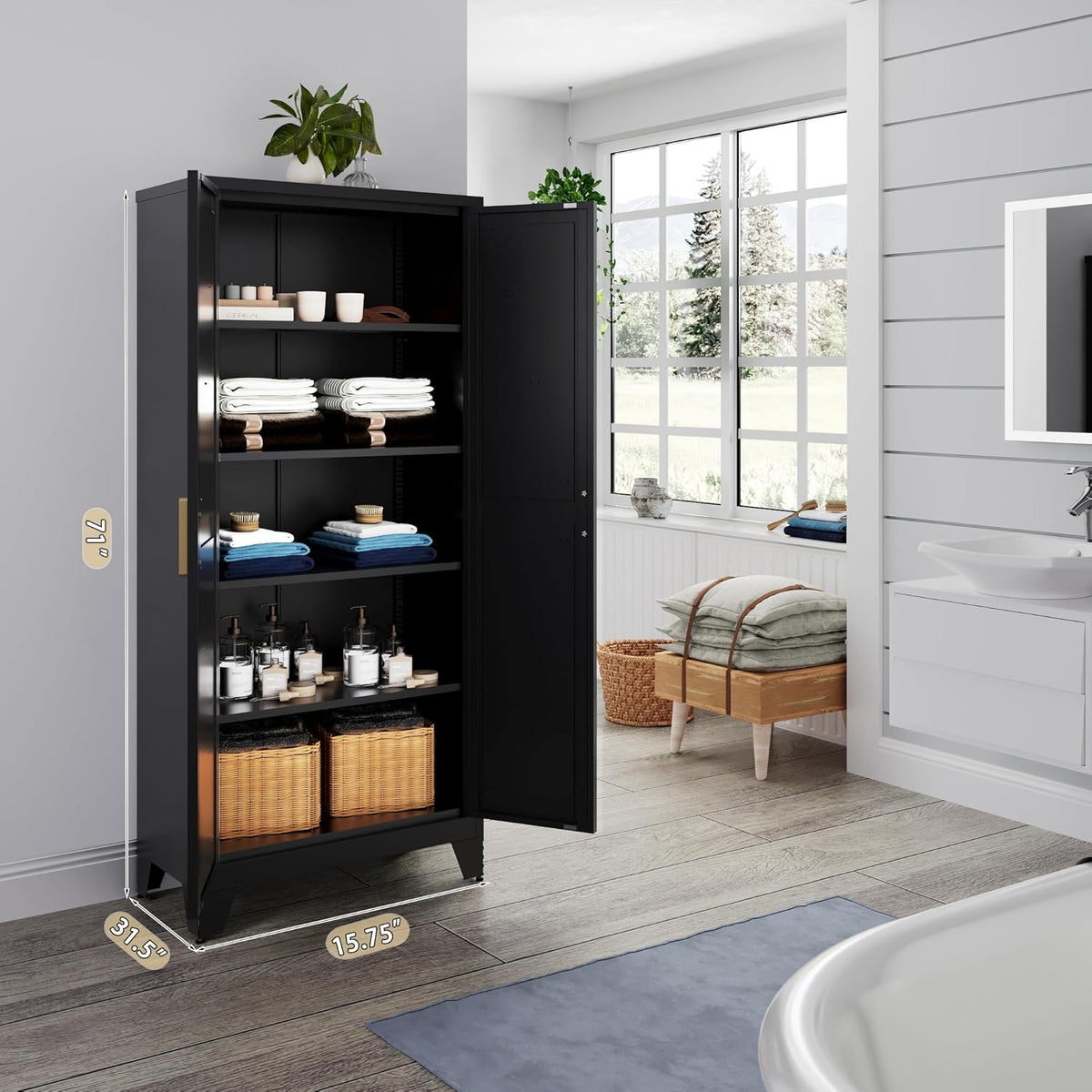71'' Farmhouse Metal Storage Cabinet with Barn Doors,Steel File Cabinet for Home Office,Kitchen