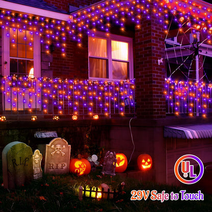 KNONEW 99FT 960 LED Orange Purple Halloween Lights Outdoor Black Wire String Lights with 180 Drops