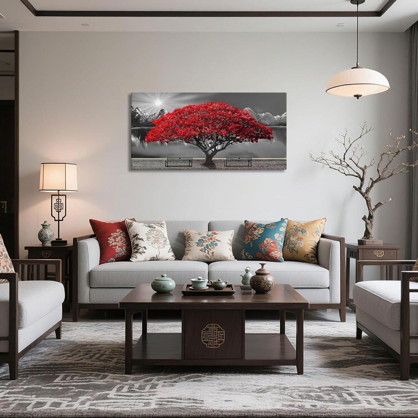 Black and White Red Tree Wall Art Canvas Print Picture Large Red Tree Landscape Modern Artwork for
