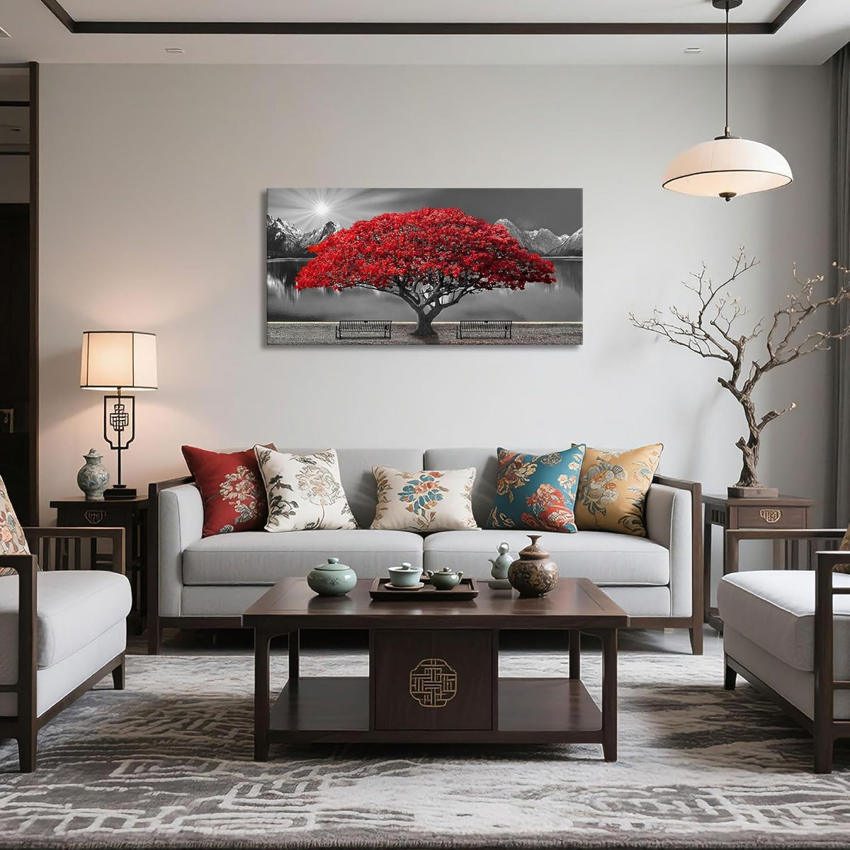 Black and White Red Tree Wall Art Canvas Print Picture Large Red Tree Landscape Modern Artwork for