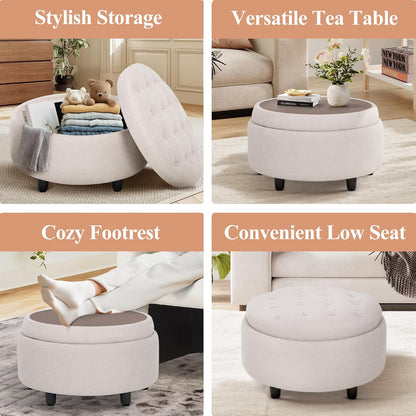 COLAMY Fabric Round Storage Ottoman with Reversible Tray Lid – Multi-Functional Footrest, Hidden