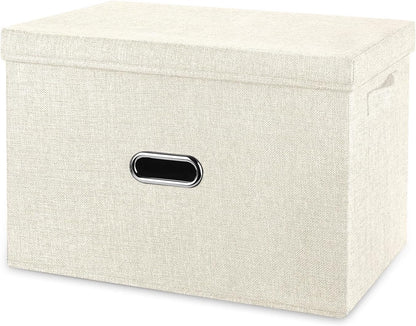 Large Linen Fabric Foldable Storage Bins with Removable Lid and Handles, Washable Storage Box