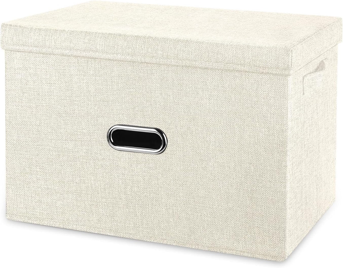 Large Linen Fabric Foldable Storage Bins with Removable Lid and Handles, Washable Storage Box