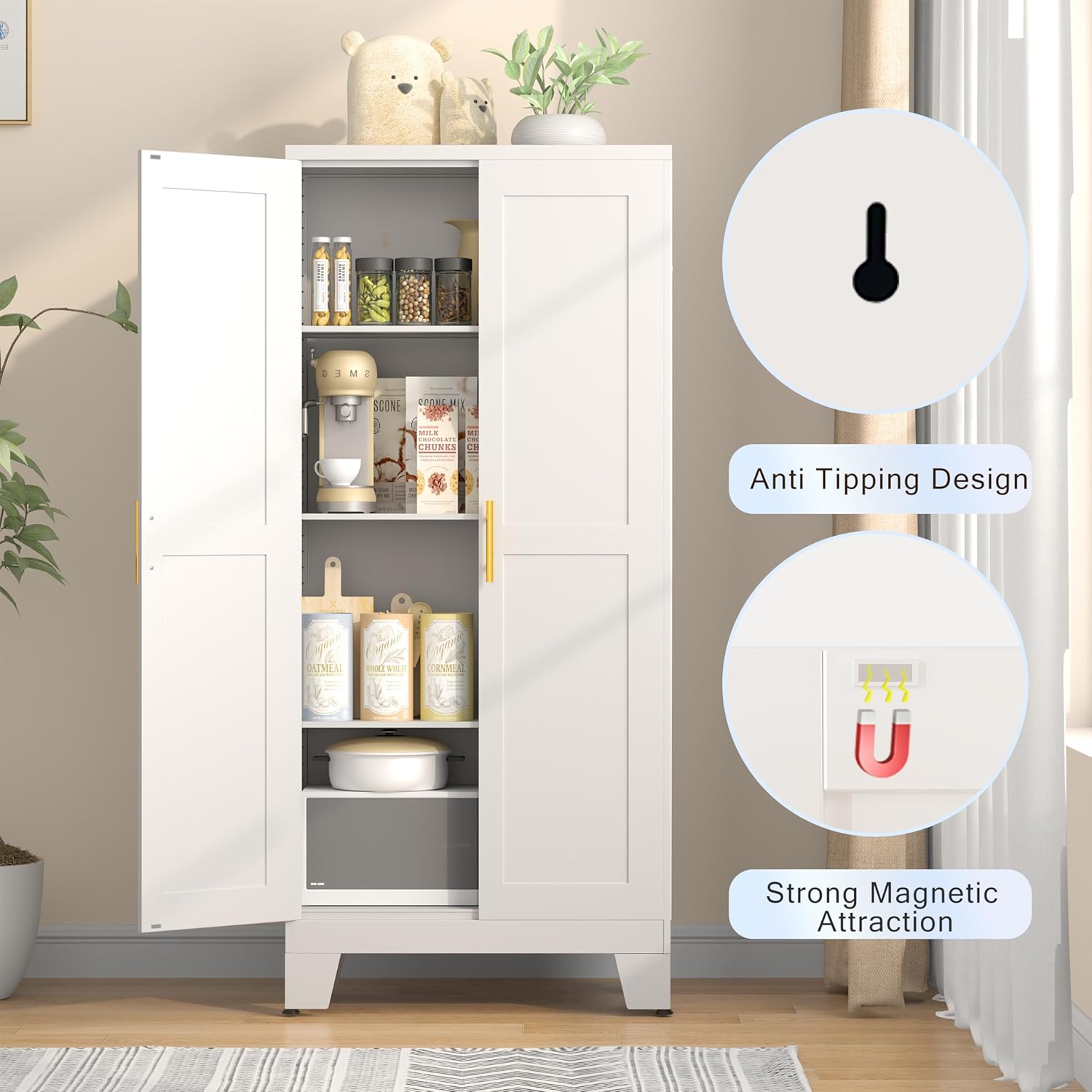 61.02" Pantry Cabinet, Kitchen Pantry Storage Cabinets with Adjustable Shelves and Feet, White