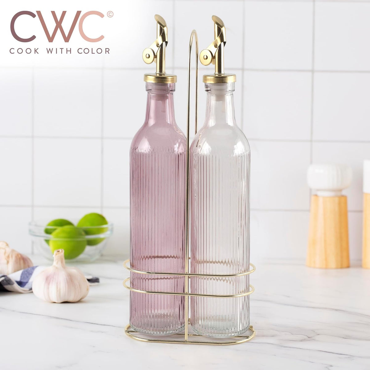 COOK WITH COLOR Glass Olive Oil Bottle Dispenser - 2 Pack- 17oz Oil and Vinegar Cruet - Olive Oil