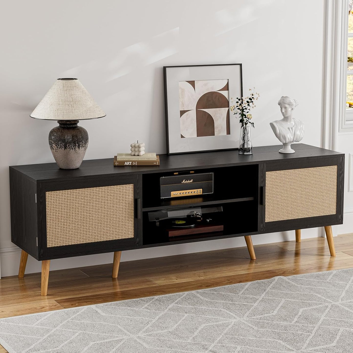 TV Stand for TVs up to 65'', Entertainment Center with Rattan Door, Shelves & 2 Cabinets, Boho