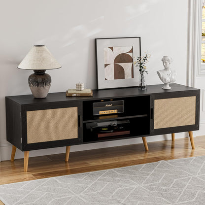 TV Stand for TVs up to 65'', Entertainment Center with Rattan Door, Shelves & 2 Cabinets, Boho