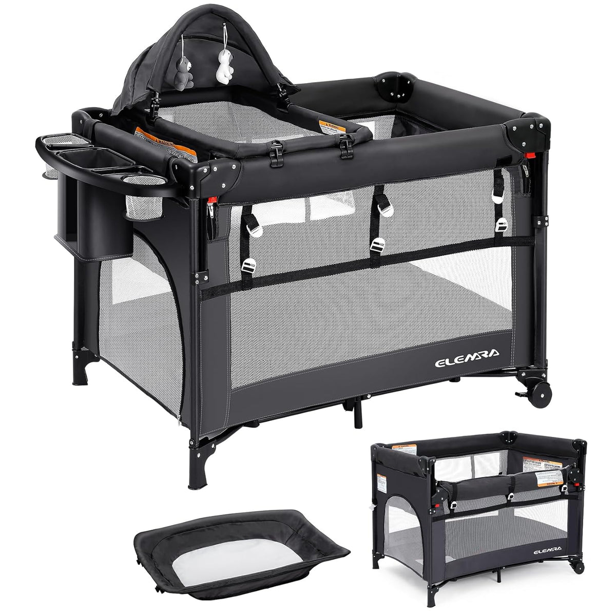 ELEMARA 5 in 1 Pack and Play, Adjustable Baby Bedside Bassinet Sleeper,1-Second Setup Foldable