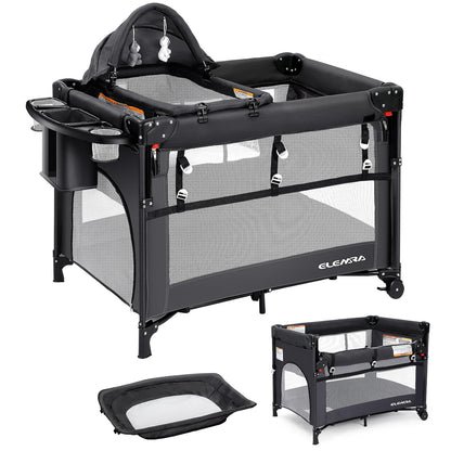 ELEMARA 5 in 1 Pack and Play, Adjustable Baby Bedside Bassinet Sleeper,1-Second Setup Foldable