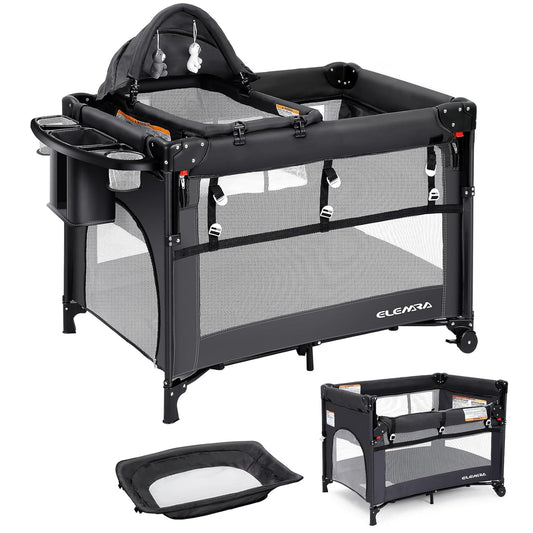ELEMARA 5 in 1 Pack and Play, Adjustable Baby Bedside Bassinet Sleeper,1-Second Setup Foldable