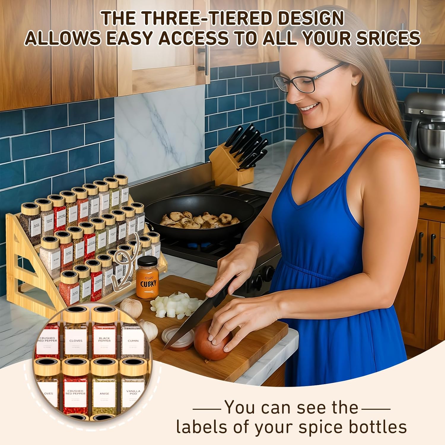 Bamboo Tiered Spice Rack, for Countertop Spice Organizer for Pantry Spice Shelf Organizer Kitchen