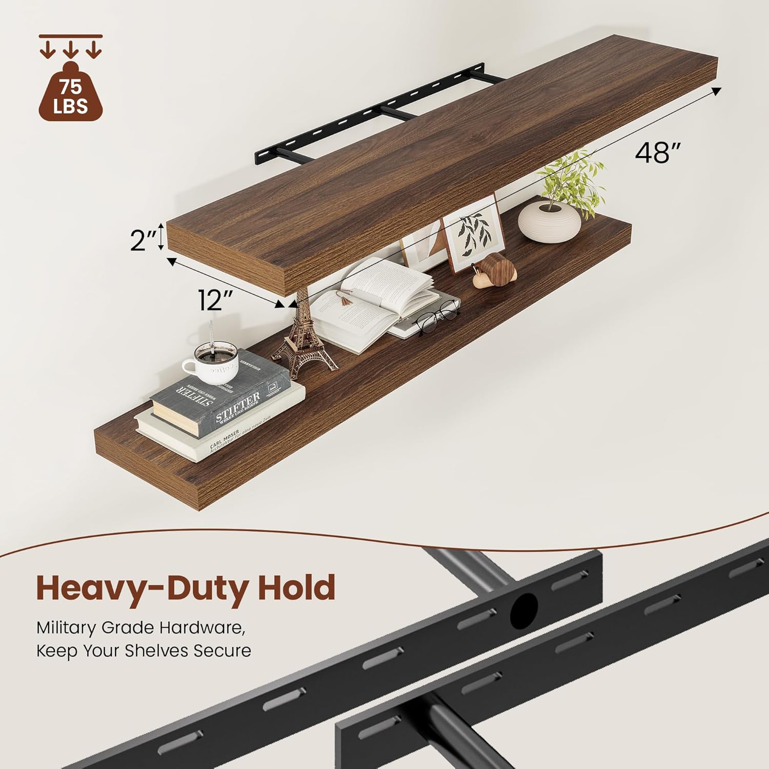 Wide Floating Shelves for Wall 12 Inch Deep, 48" X 12" X 2" Floating Shelf, 2 Inch Thick Shelf for